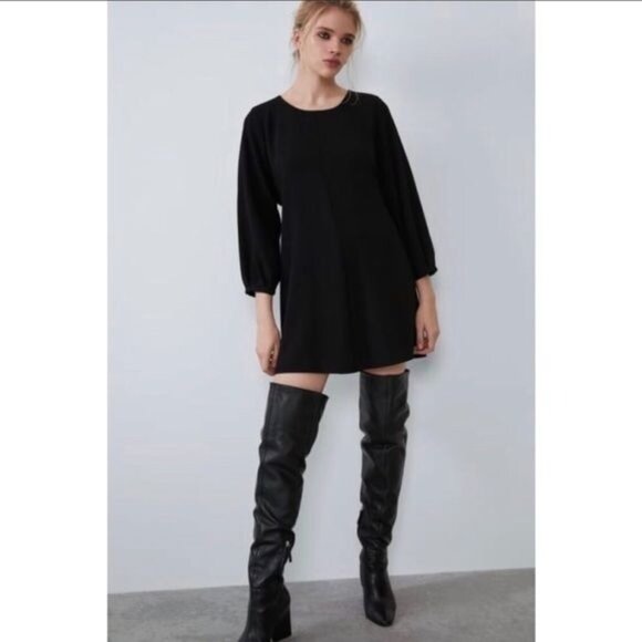 Zara basic deep vback long sleeve black mini dress size Large - Picture 1 of 7